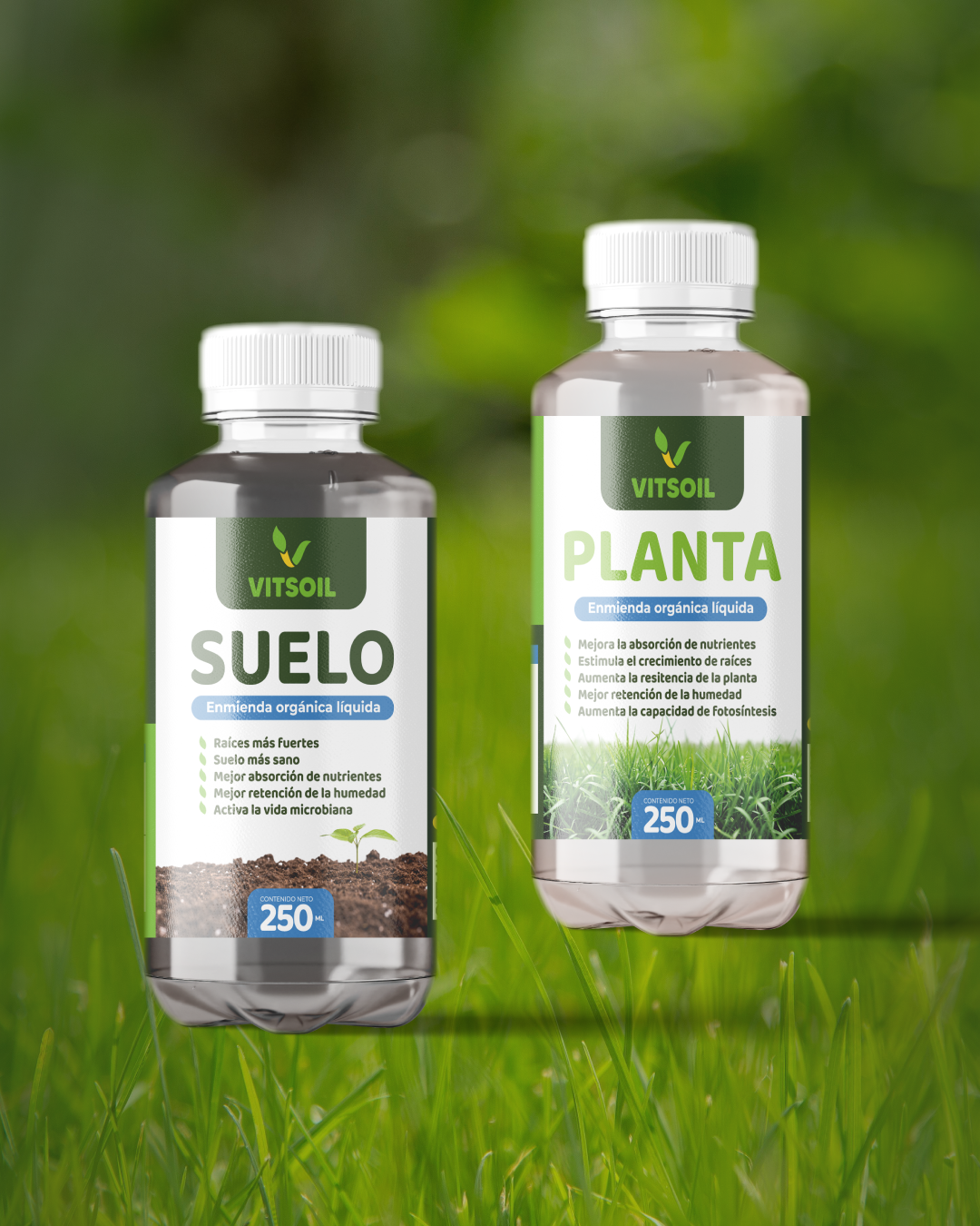 Dos botellas de fertilizante frente al césped. Una dice "SUELO" y la otra "PLANTA".