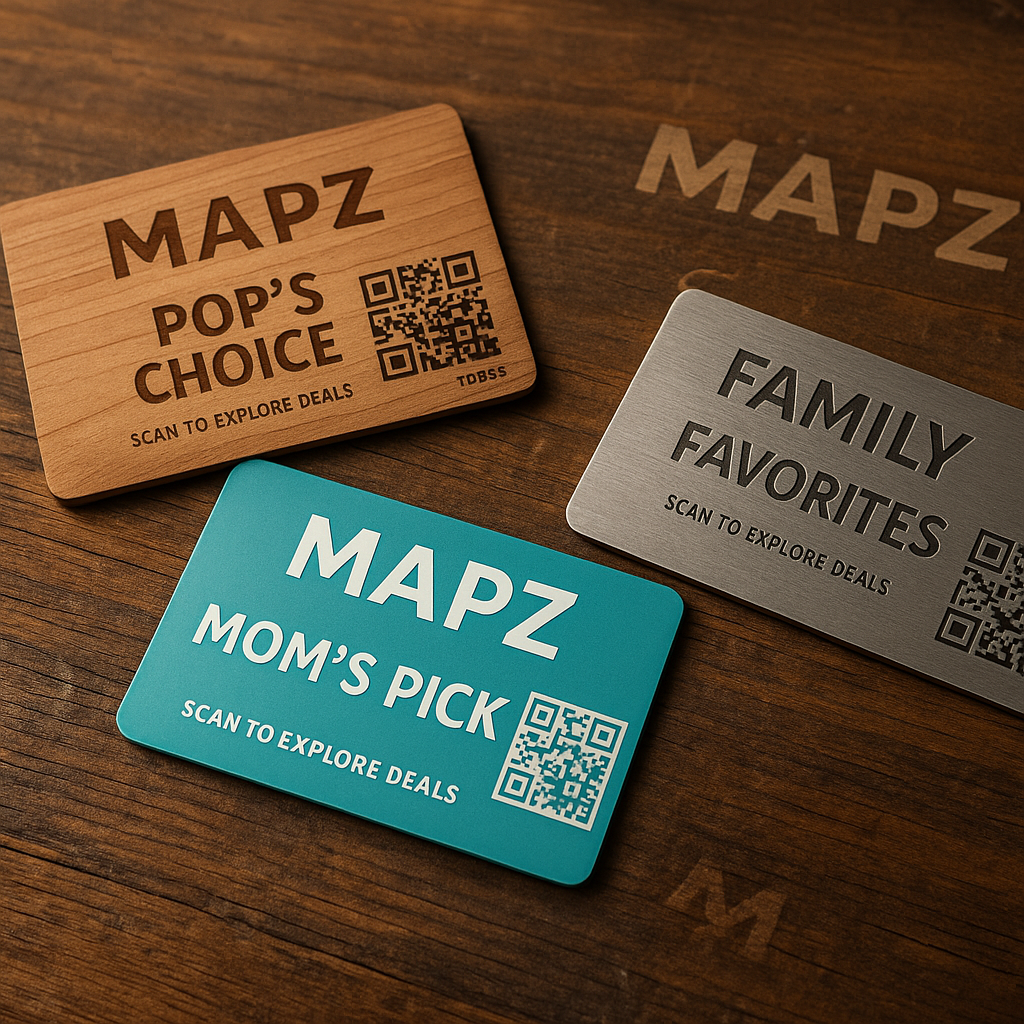 Three cards on a wooden table that say mapz pop 's choice mapz mom 's pick and family favorites