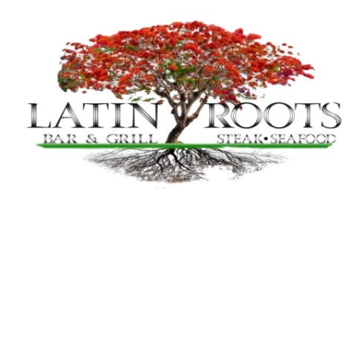 A logo for latin roots bar and grill shows a tree with red flowers