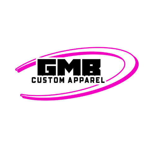 A pink and black logo for gmb custom apparel.