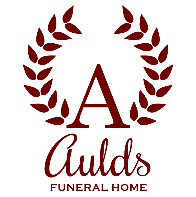 Maroon logo for Aulds Funeral Home: a laurel wreath encircles a large 