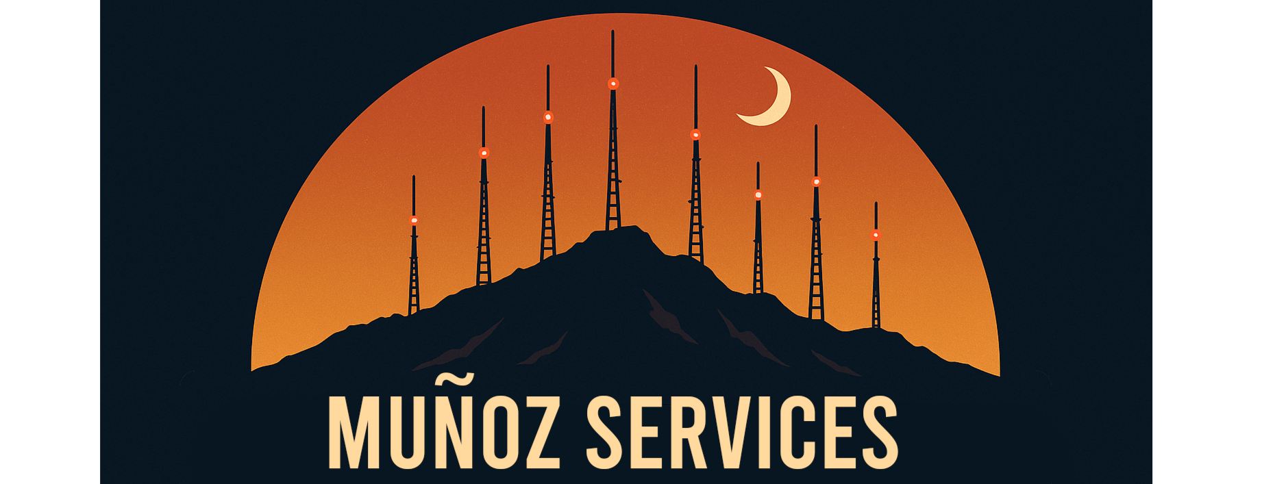 Muñoz Services LLC logo — desert mountain and radio towers at sunset