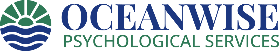 A logo for oceanwise psychological services with a blue and green logo