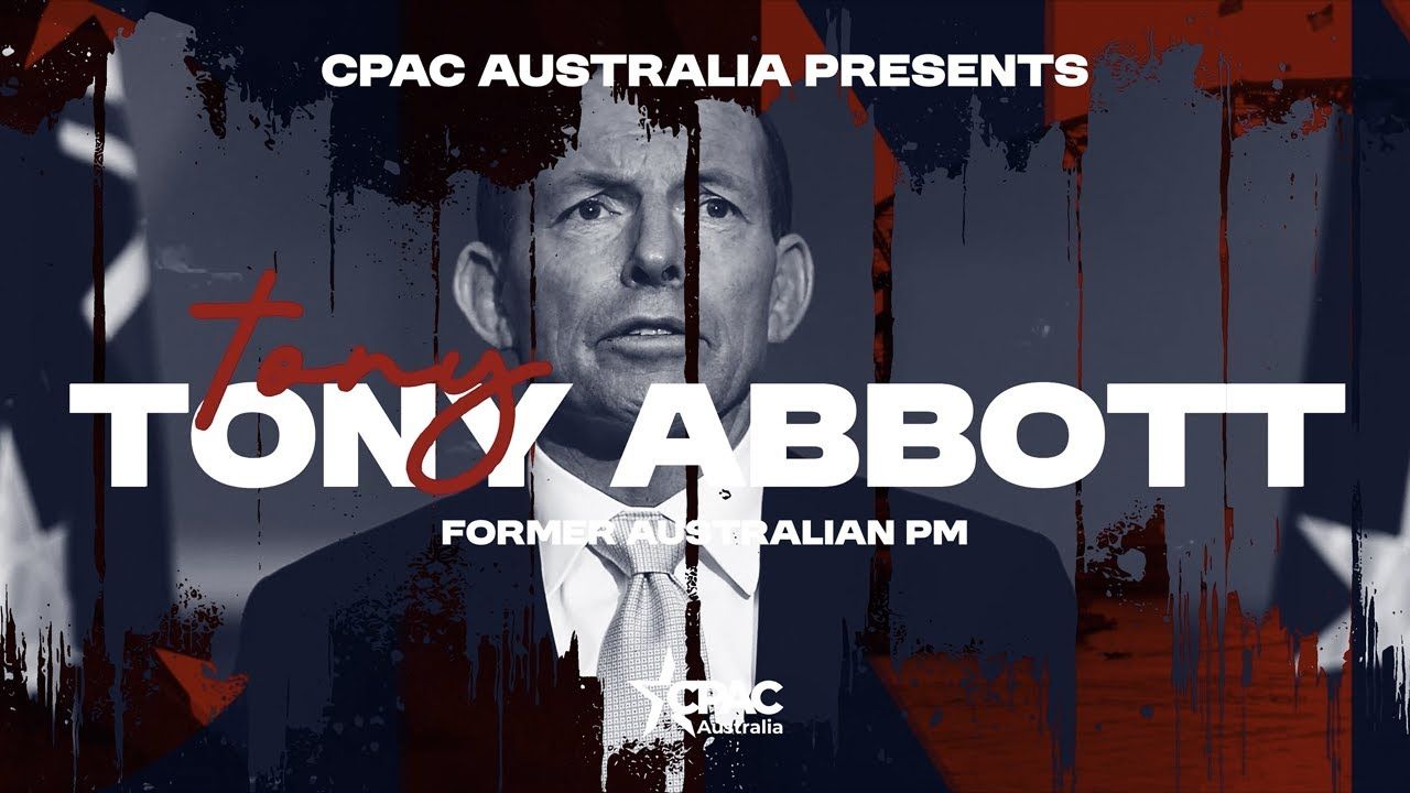 CPAC Australia poster featuring former Australian PM Tony Abbott. Red and blue hues with text overlay.