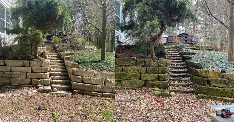 Before and after image of a concrete and brick stair case that has been pressure washed.