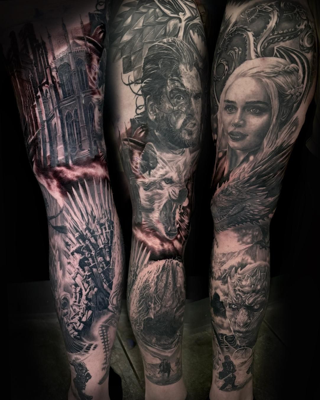 A Black and White Tattoo of Jon Snow and Daenerys Targaryen on a Person's Leg — Gallery Tattoo in Medowie, NSW