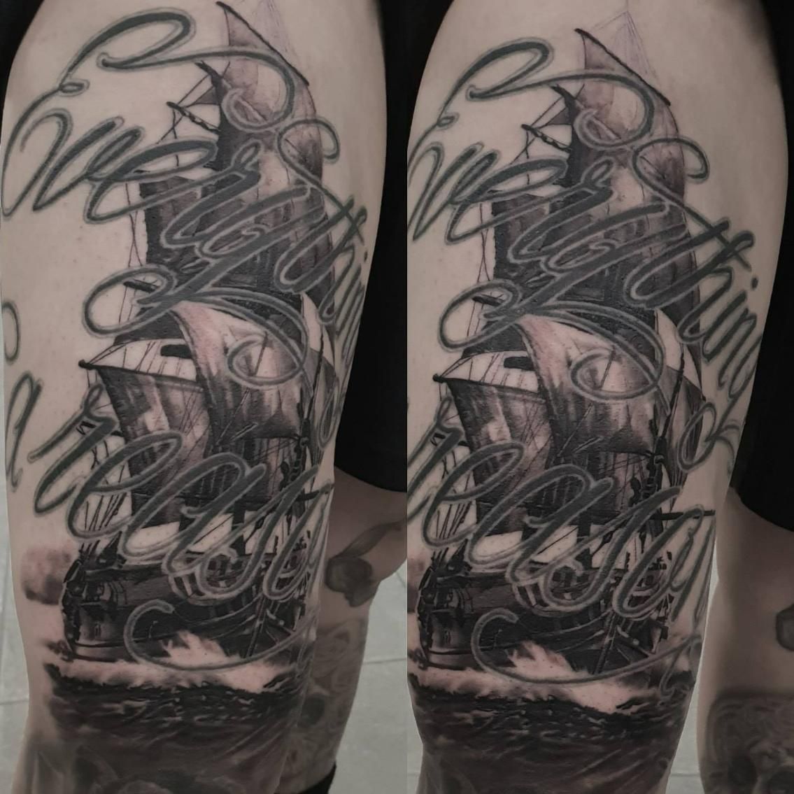 A Person Has a Tattoo of a Ship on Their Leg — Gallery Tattoo in Medowie, NSW