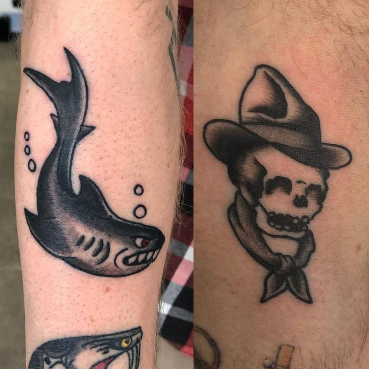 A Man Has a Tattoo of a Shark and a Cowboy Skull — Gallery Tattoo in Medowie, NSW