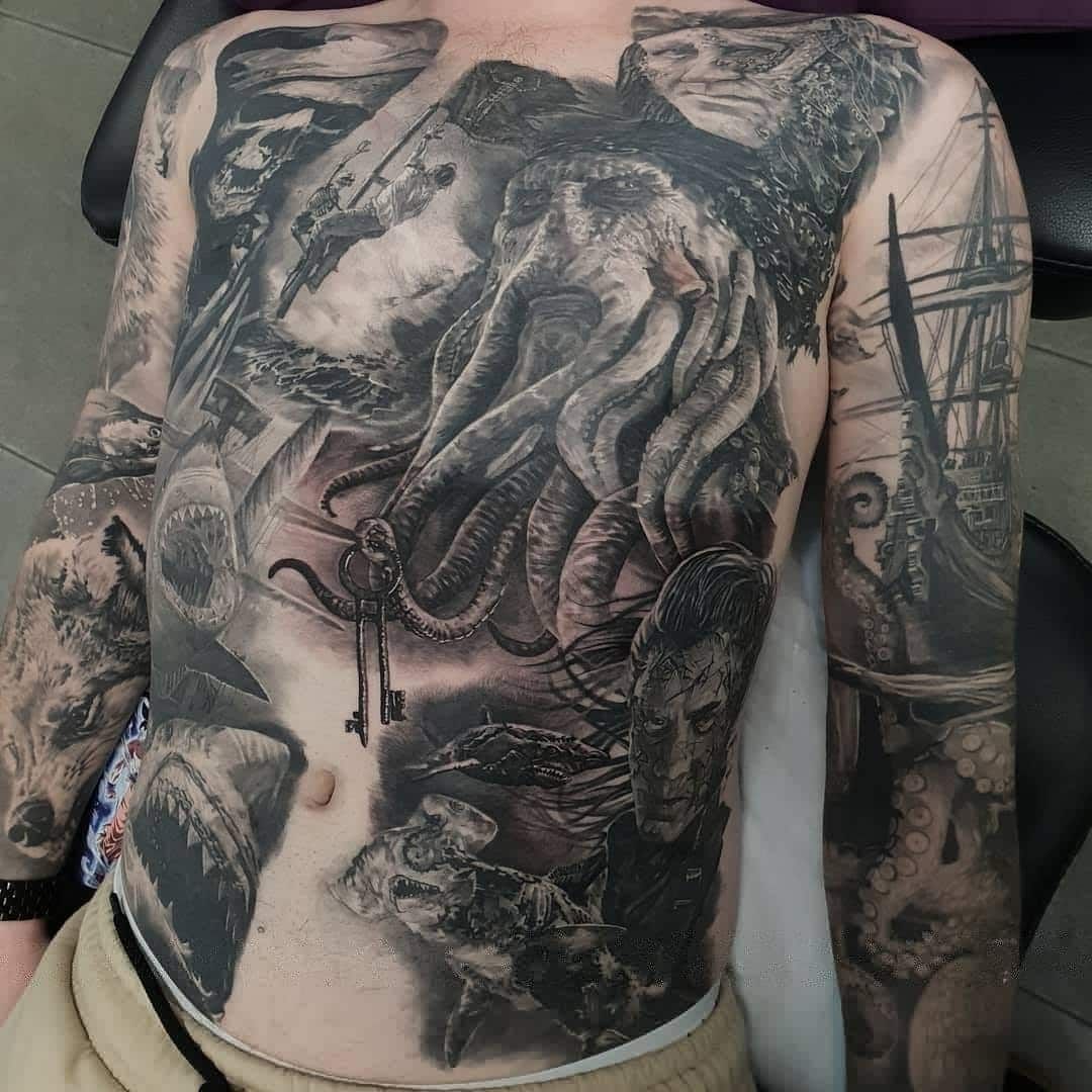 A Man Has a Tattoo of an Octopus on His Chest — Gallery Tattoo in Medowie, NSW