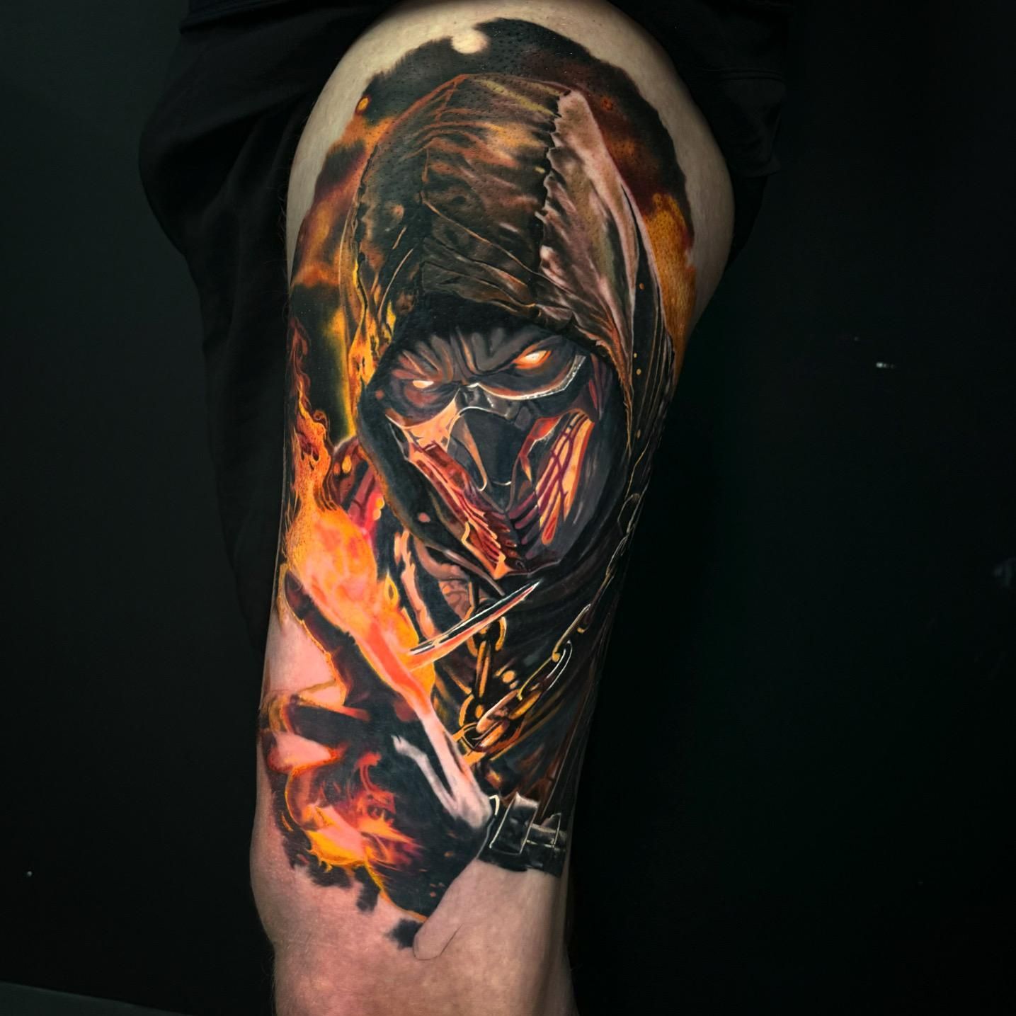 A Man Has a Tattoo of Scorpion From Mortal Kombat on His Arm — Gallery Tattoo in Medowie, NSW
