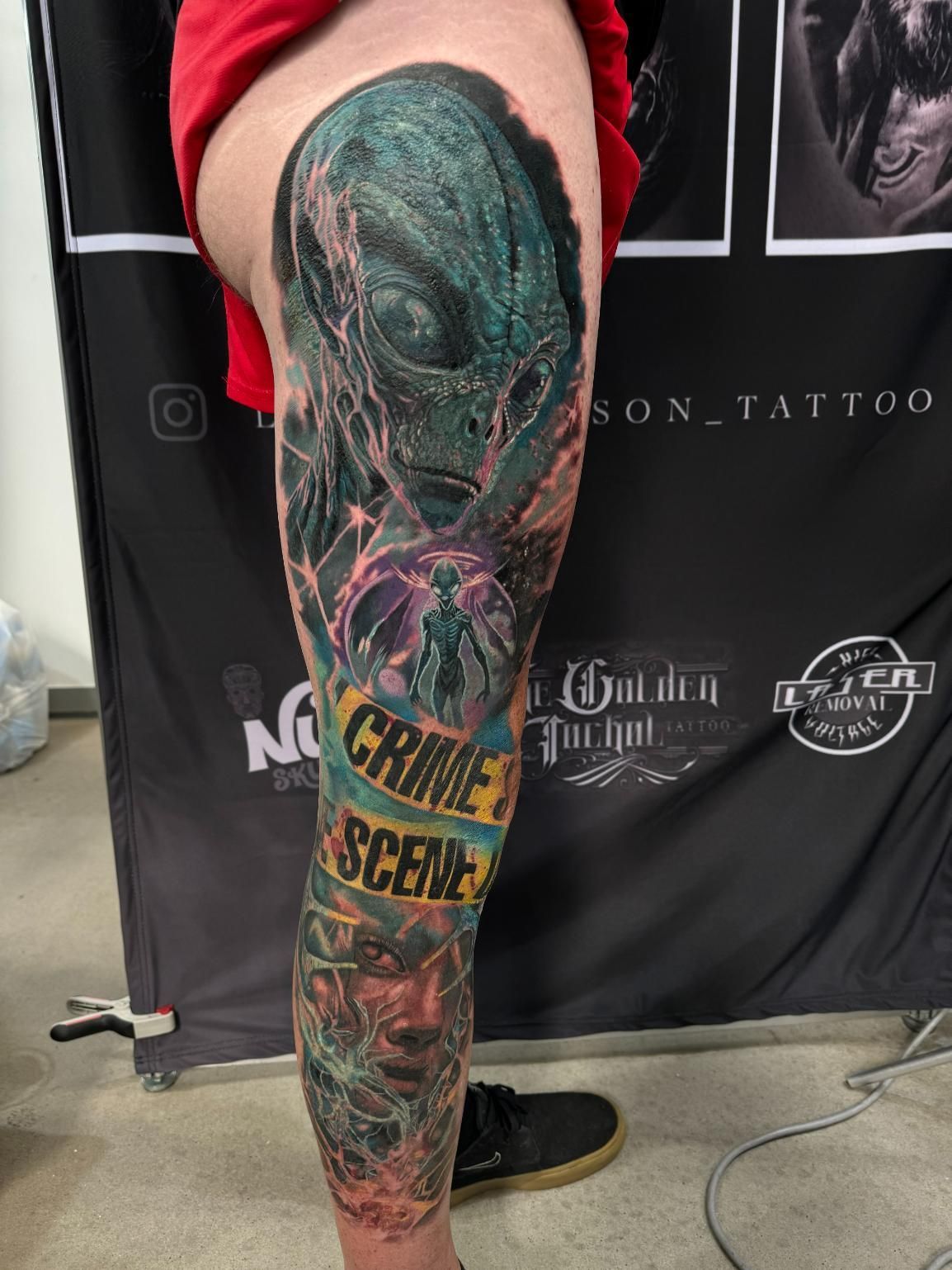 A Person Has a Tattoo on Their Leg That Says Crime Scene — Gallery Tattoo in Medowie, NSW