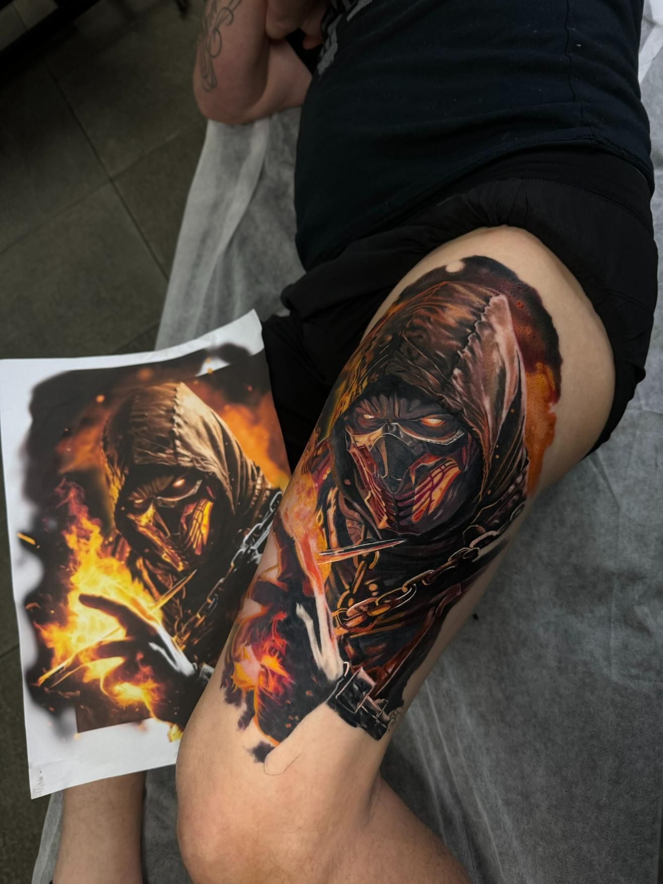 A Woman Has a Tattoo of Scorpion on Her Leg — Gallery Tattoo in Medowie, NSW