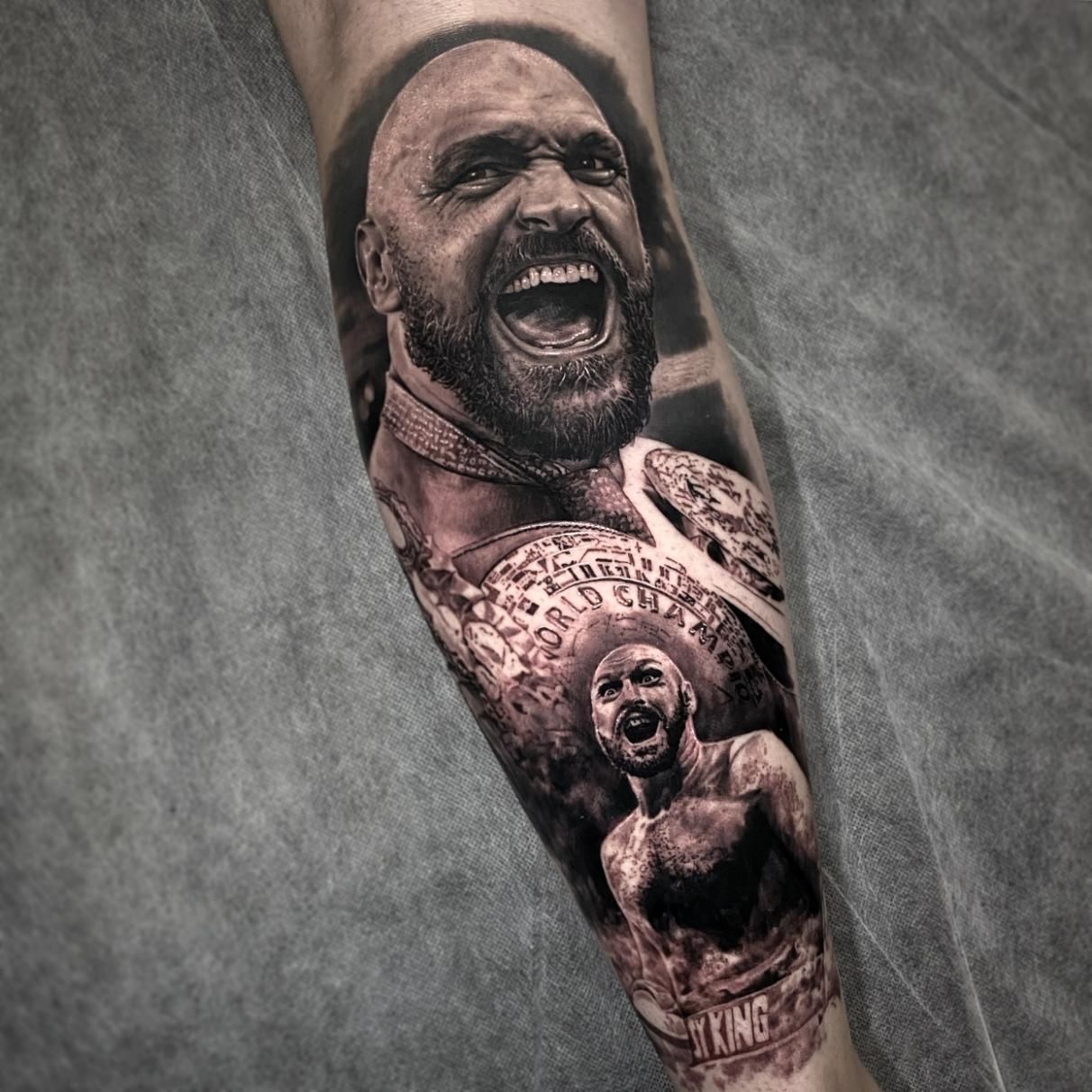 A Black and White Tattoo of a Man With a Beard on His Arm — Gallery Tattoo in Medowie, NSW