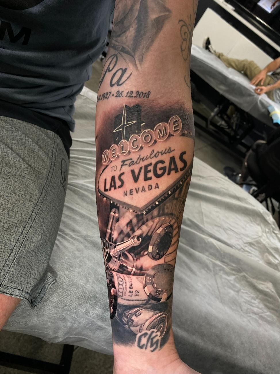 A Man Has a Tattoo of the Welcome to Las Vegas Sign on His Arm — Gallery Tattoo in Medowie, NSW