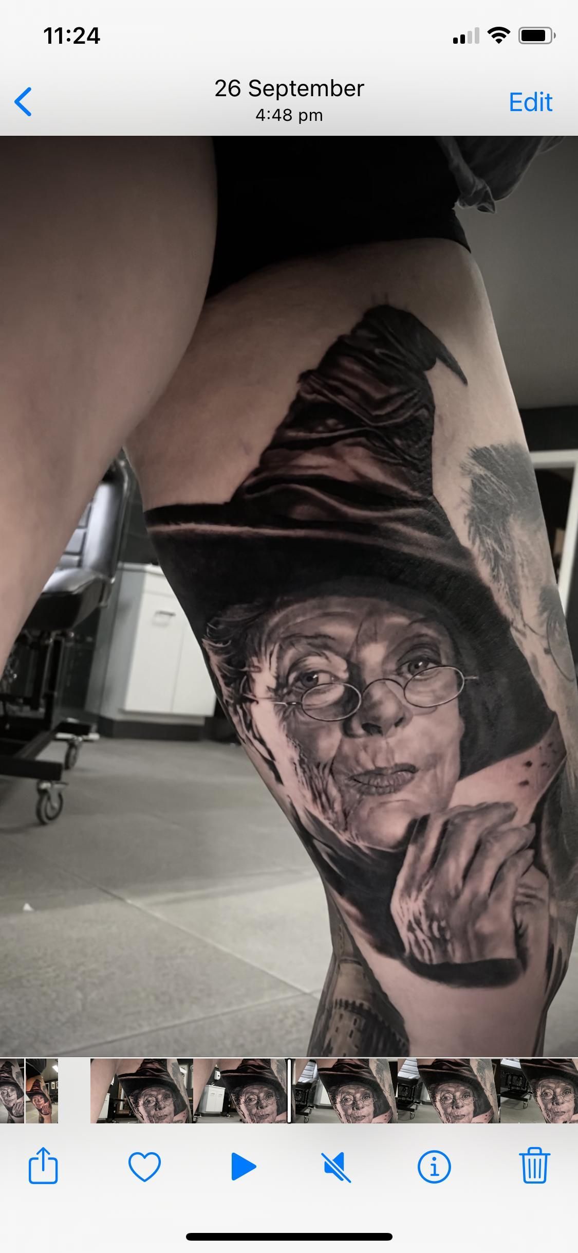 A Person Has a Tattoo of a Witch on Their Leg — Gallery Tattoo in Medowie, NSW