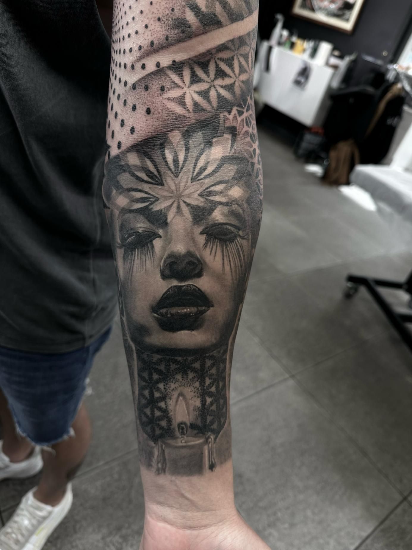 A Man Has a Tattoo of a Woman 's Face on His Forearm — Gallery Tattoo in Medowie, NSW