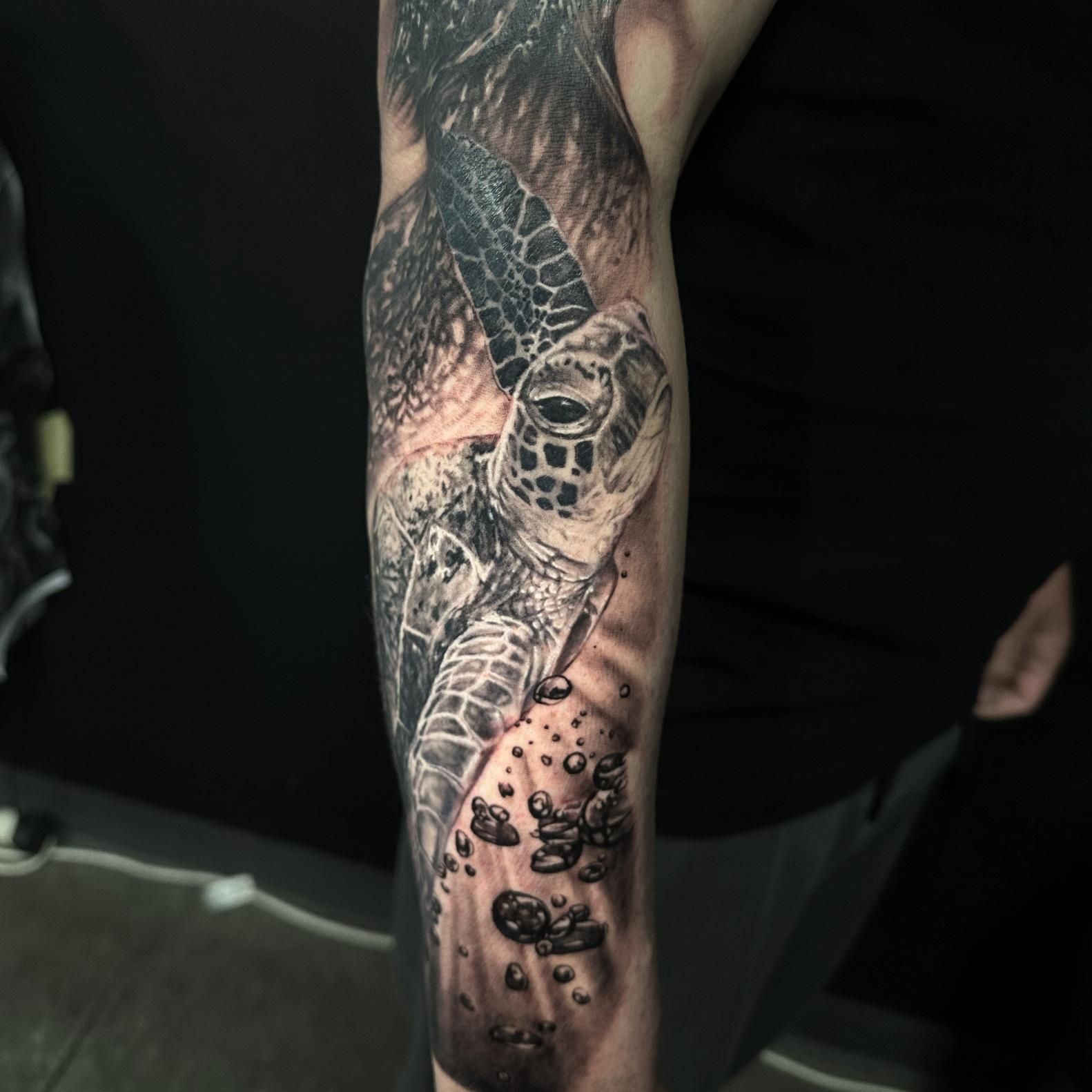 A Man Has a Tattoo of a Sea Turtle on His Arm — Gallery Tattoo in Medowie, NSW