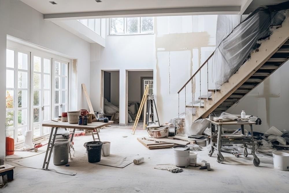 A house is being remodeled with a wooden staircase.