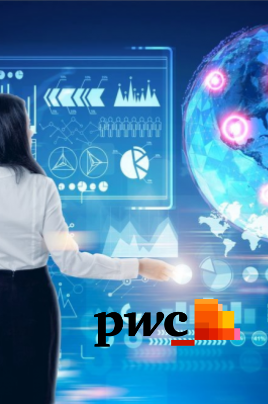 Woman presenting data on a holographic display with a glowing globe; PwC logo.