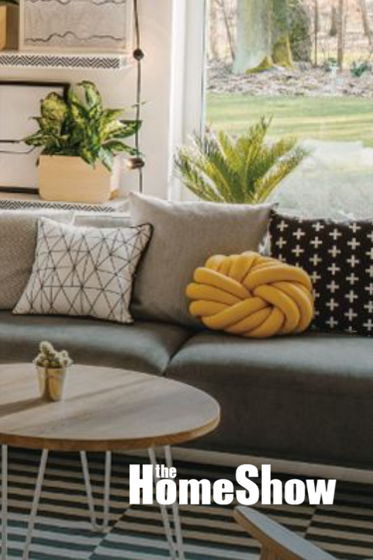 Living room with a sofa, pillows, coffee table, and plants by a window.
