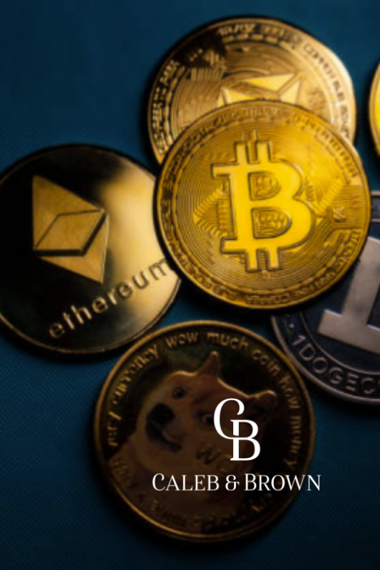 Cryptocurrency coins: Bitcoin, Ethereum, Dogecoin, and others. Caleb & Brown logo at the bottom.