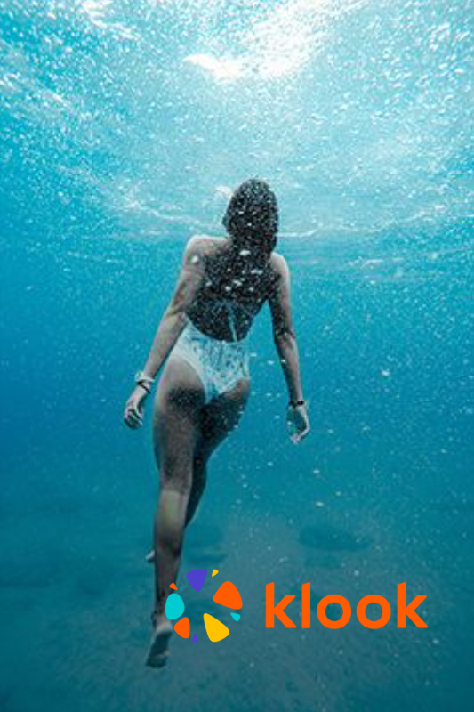 Woman swimming underwater in blue water, back view.