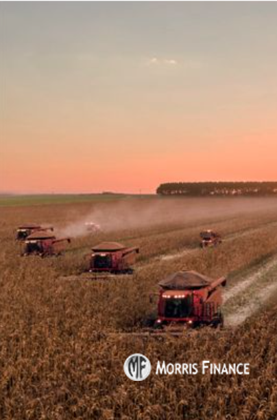 Combine harvesters in a wheat field at sunset, logo 