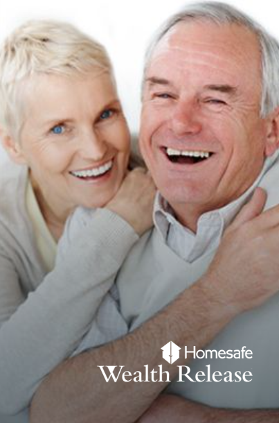 Smiling older couple embracing. Homesafe Wealth Release logo.