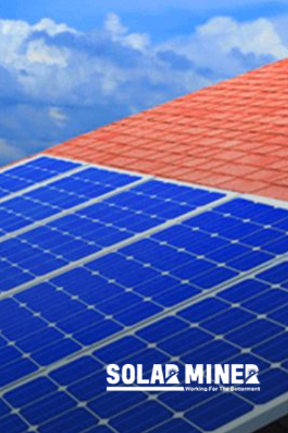 Solar panels on a red roof with blue sky and white clouds. Solar Miner logo.