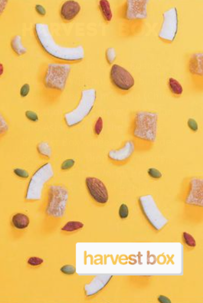 Assorted nuts, coconut, and dried fruit scattered on a yellow background; 