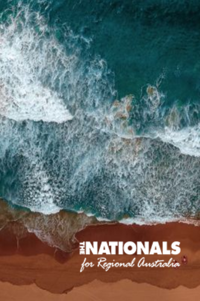 Aerial view of ocean waves crashing onto a sandy beach; the text 