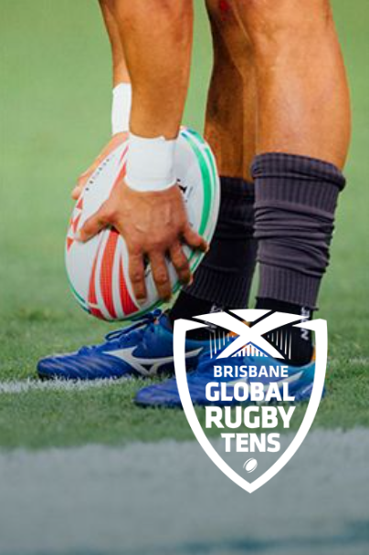 Rugby player holding the ball on the field, with the Brisbane Global Rugby Tens logo at the bottom.
