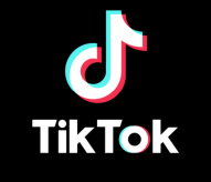 TikTok logo: white text below a stylized white musical note in front of a cyan and red background.