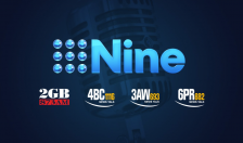 Nine Network logo with its radio stations' logos, over a microphone graphic.