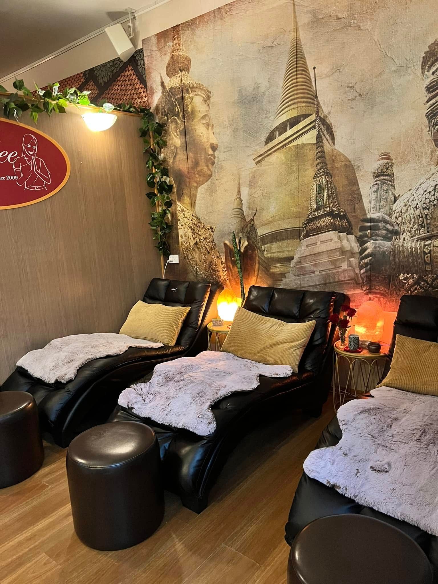Massage Chairs in a Spa, With a Mural of a Temple — Traditional Massage Services In Broadbeach, QLD