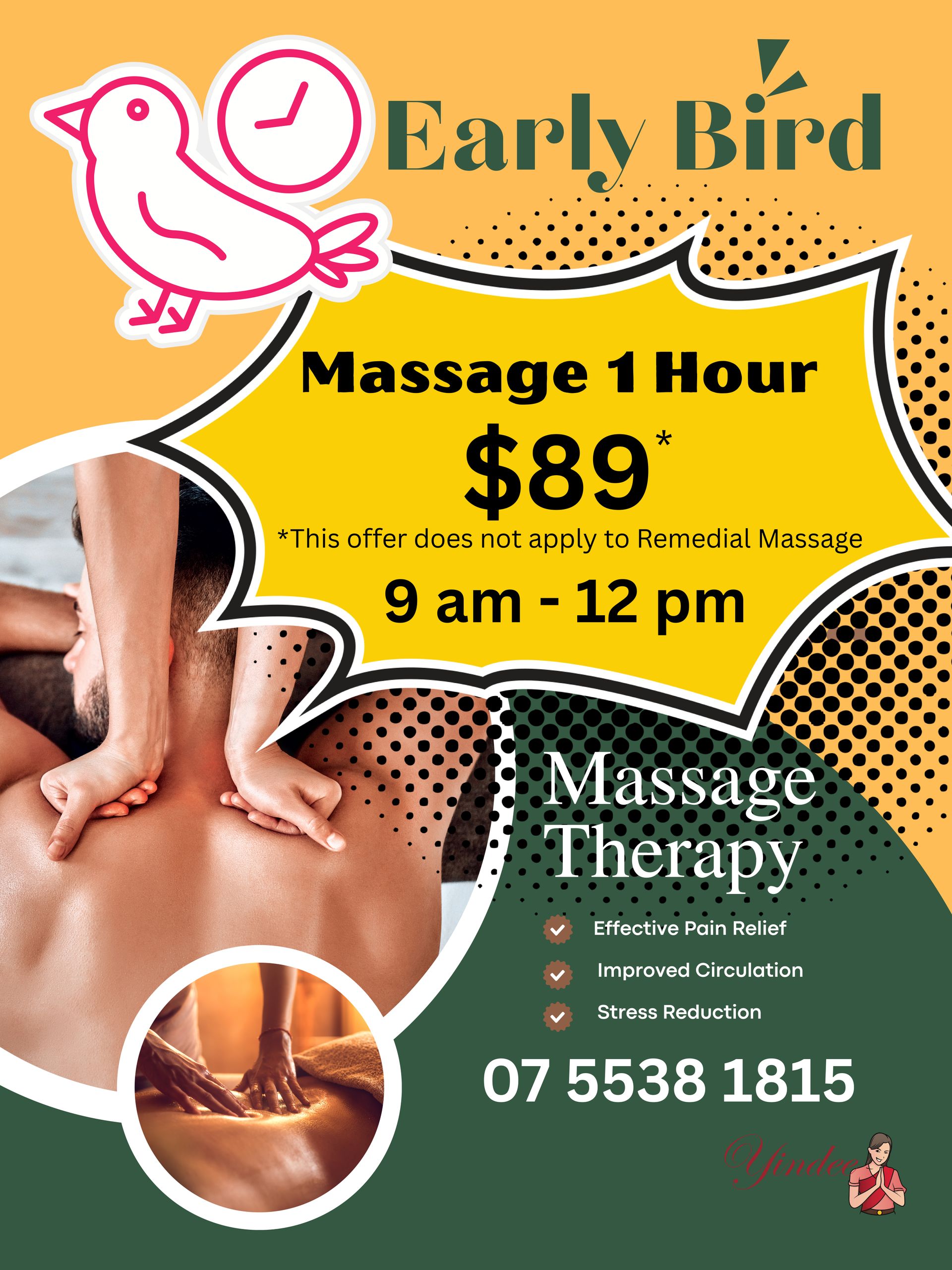 Massage therapy promotion: $89 for a 1-hour massage from 9 am - 12 pm. Features a person getting a massage.