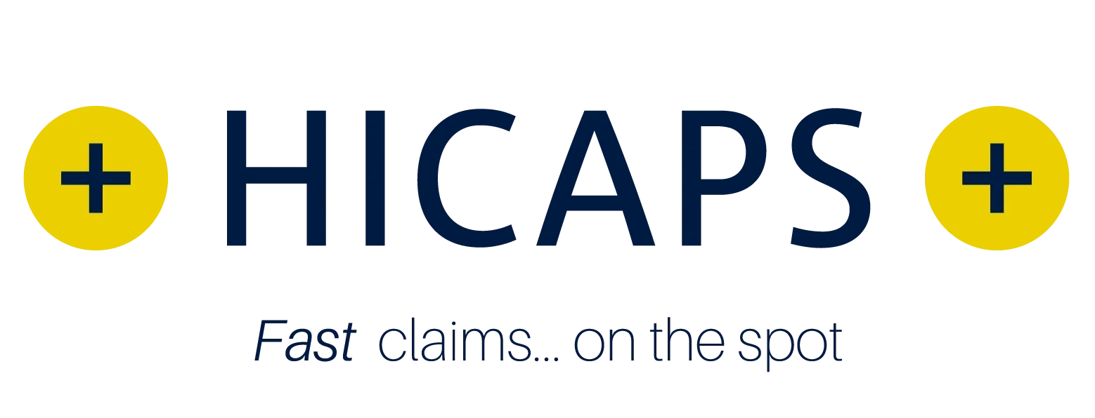 HICAPS logo with a yellow circle and plus sign on each side, with 