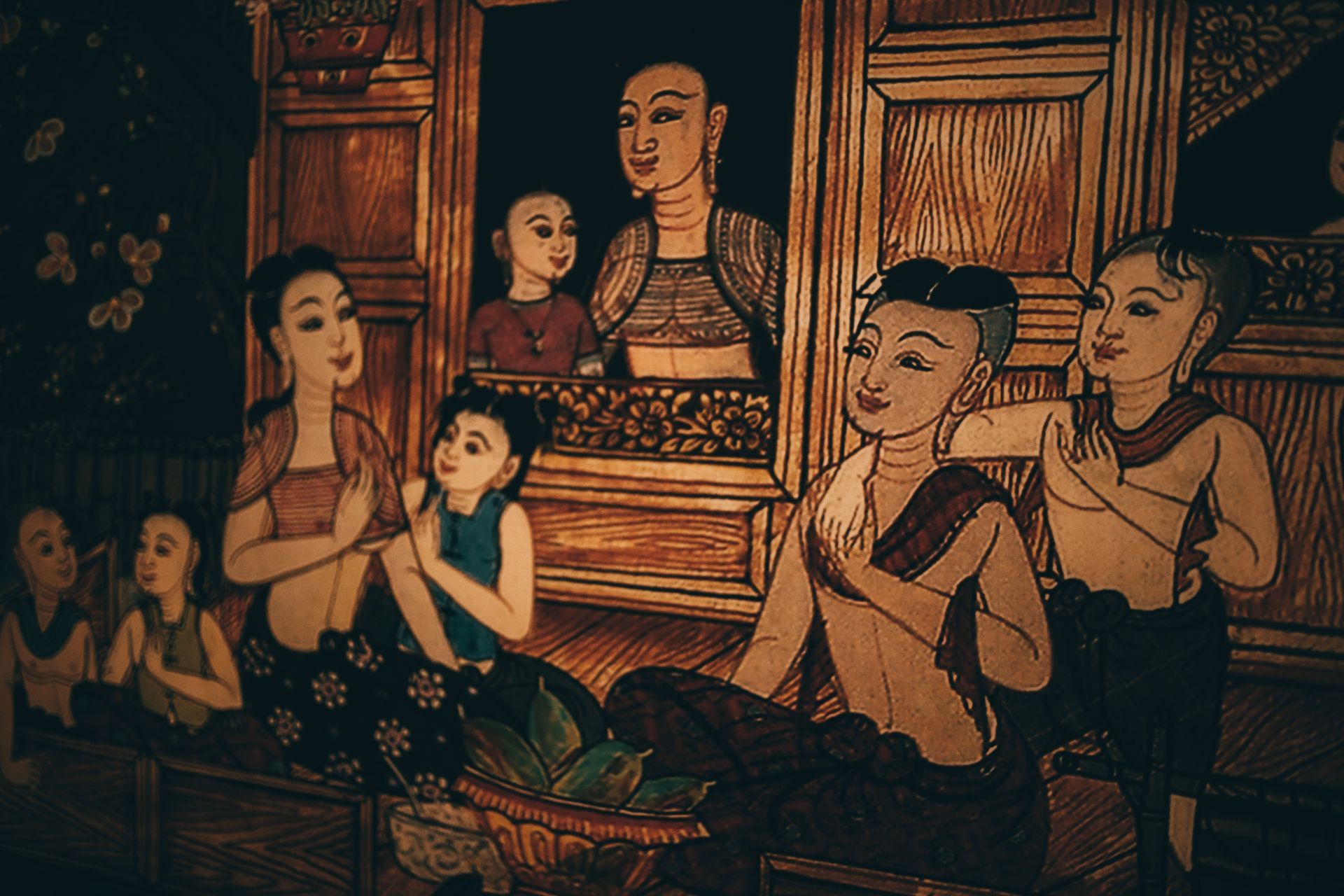 Thai-style illustration: people in traditional clothing, some looking out a window, others seated, some with hands clasped.