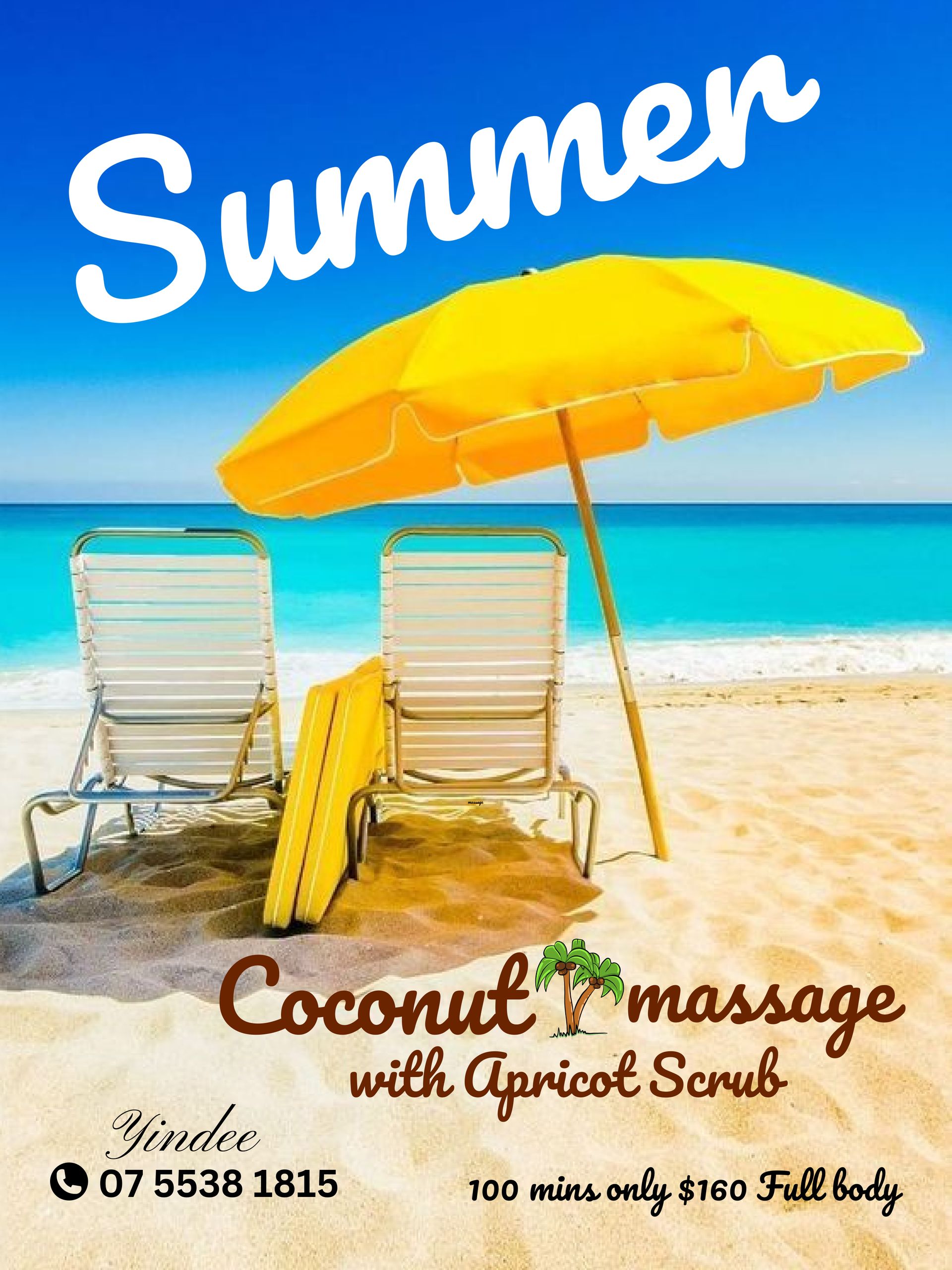 Beach scene advertising a coconut massage with apricot scrub. Includes beach chairs, umbrella, text, and phone number.
