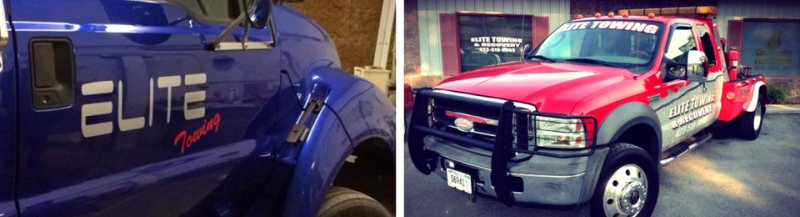 Two tow trucks, one blue with 