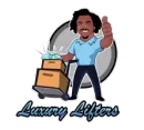 Cartoon man with boxes on a hand truck, giving a thumbs up. "Luxury Lifters" logo.