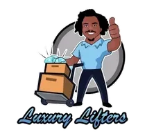 Cartoon man with boxes on a hand truck, giving a thumbs up. "Luxury Lifters" logo.