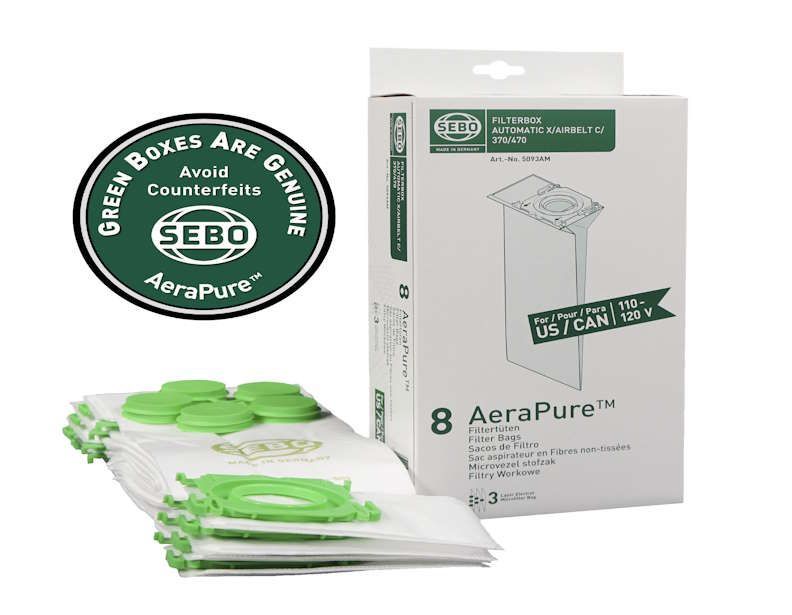 SEBO Airbelt E3 Premium — SEBO X/G/C/300/350/370 AeraPure Bags (8) — 5093AM