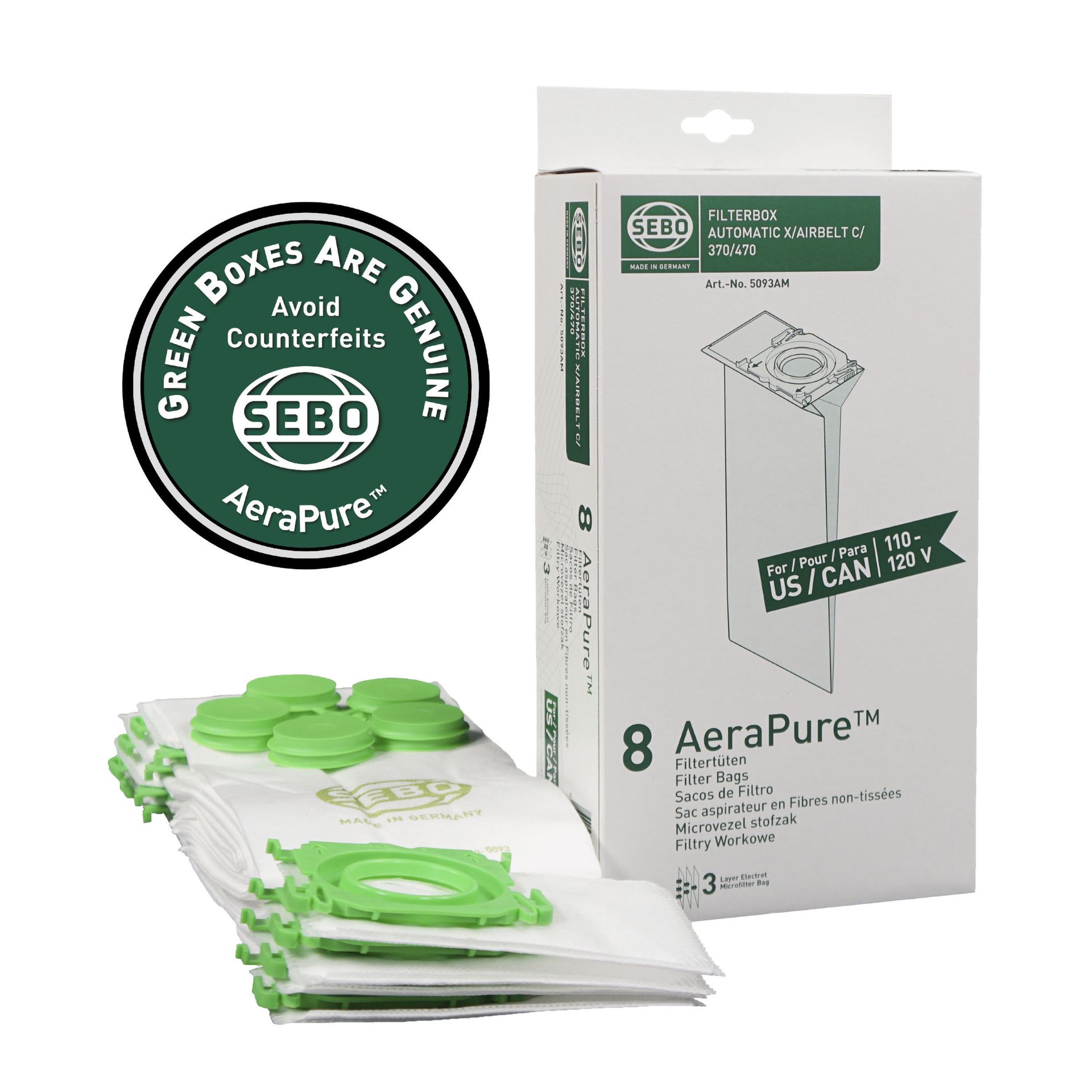 SEBO Airbelt K3 Premium — SEBO X/G/C/300/350/370 AeraPure Bags (8) — 5093AM