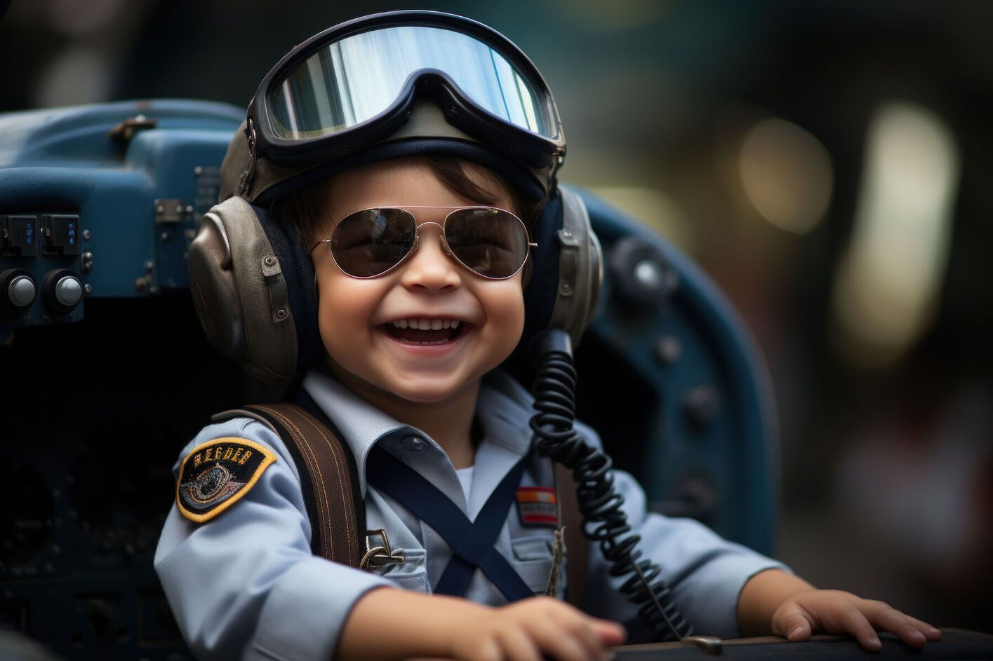 Smiling child dressed as a pilot, wearing goggles, sunglasses, and headset, sitting in cockpit.