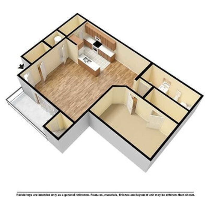 3D floor plan of an apartment, showing kitchen, living area, bedrooms, and bathrooms; neutral colors.