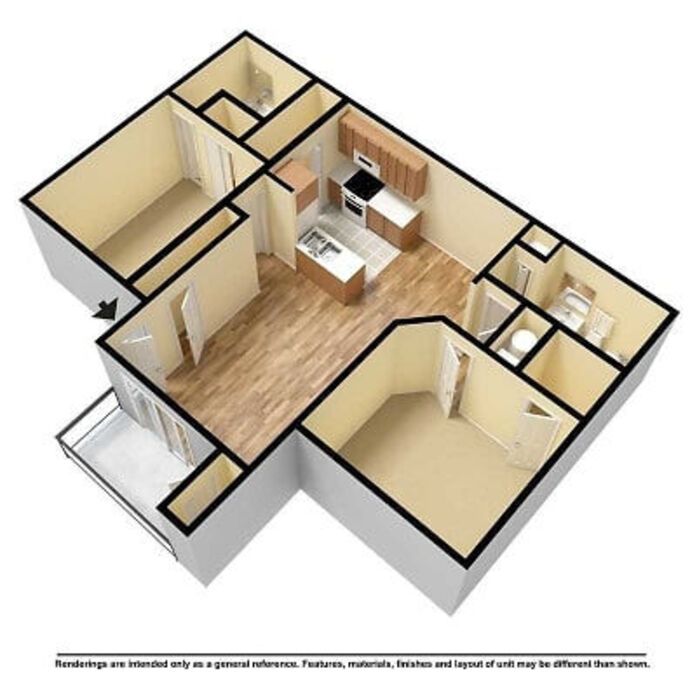 Floor plan of an apartment with a kitchen, living area, two bedrooms, and a balcony.