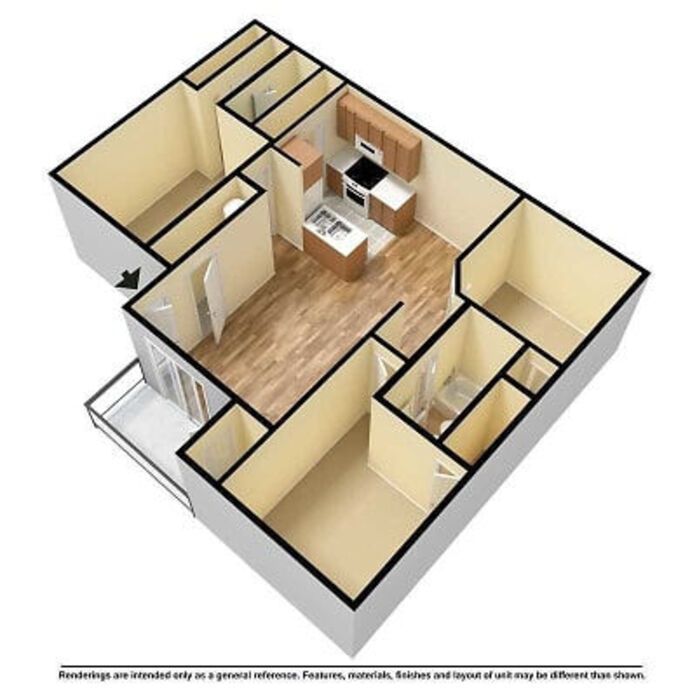 3D floor plan of an apartment with two bedrooms, kitchen, living area, and balcony.