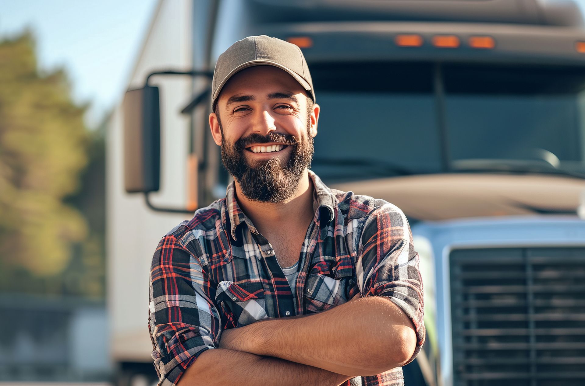 A man with a beard is standing in front of a semi truck with his arms crossed.