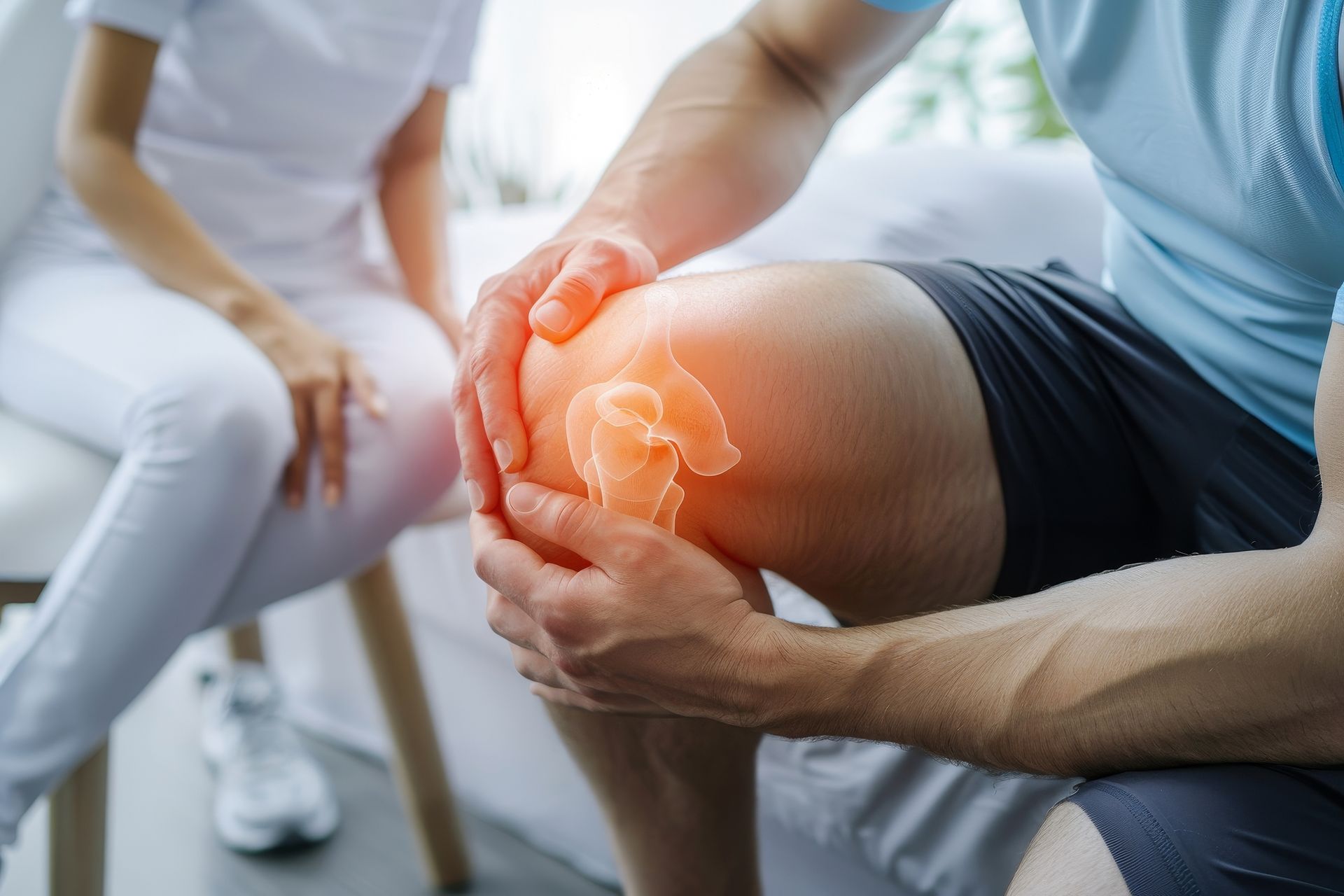 A man is sitting on a couch holding his knee in pain.